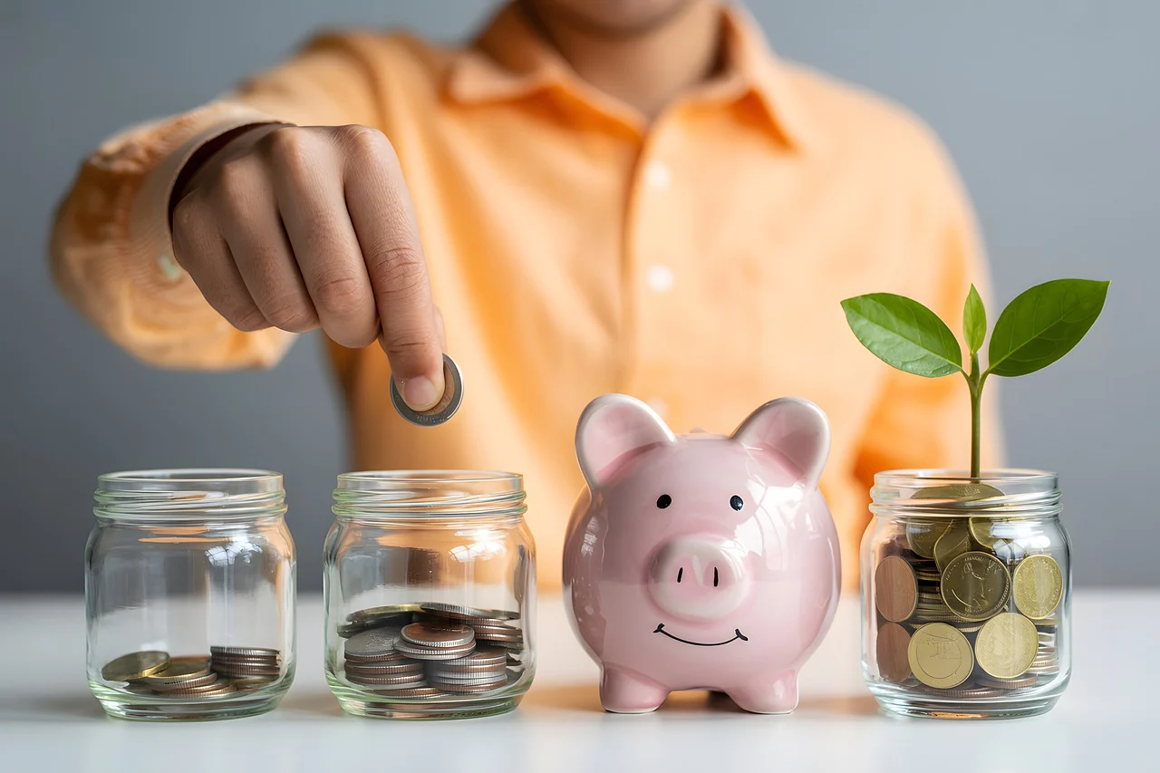 Pokladnička a mince jako symbol spoření a investování
