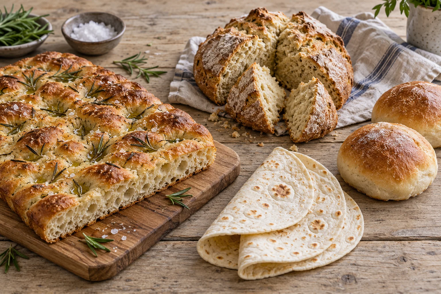 Focaccia s rozmarýnem, rozkrojený sodový chléb, pšeničné placky a dvě bulky na stole