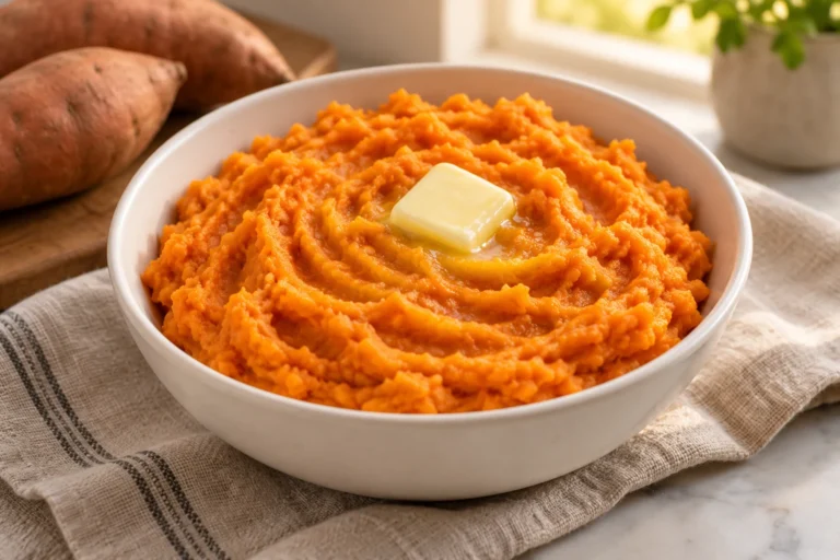 Oranžová batátová kaše s jemnými rýhami a rozpouštějícím se kouskem másla