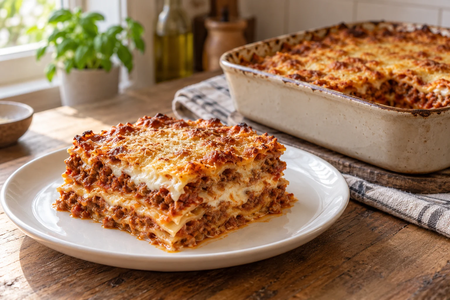 Porce boloňských lasagní s masovým ragú, bešamelem a zapečeným parmazánem