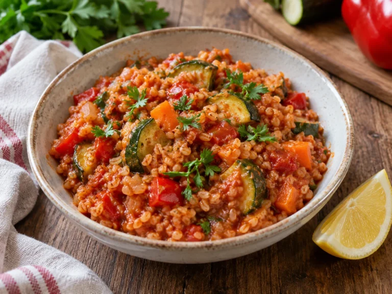 Vláčný bulgur v rajčatovém základu s cuketou, paprikou, mrkví a petrželkou