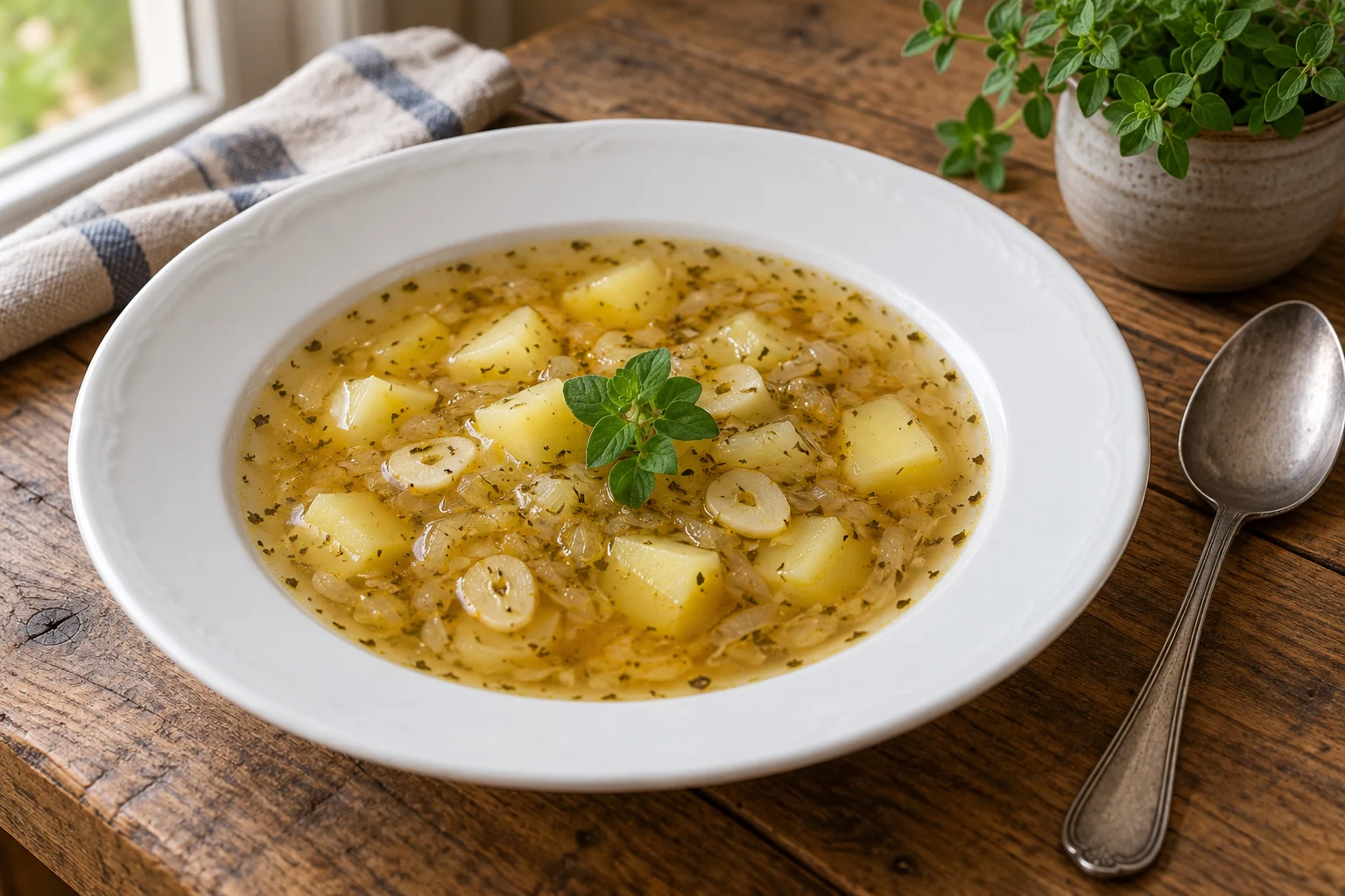 Talíř čiré česnečky s bramborami, plátky česneku a majoránkou