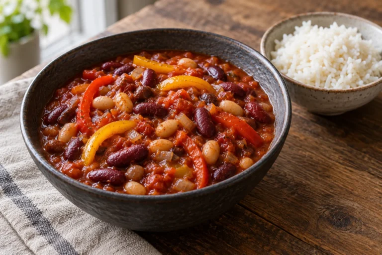 Husté chilli sin carne s červenými a bílými fazolemi a paprikou, vedle miska bílé rýže