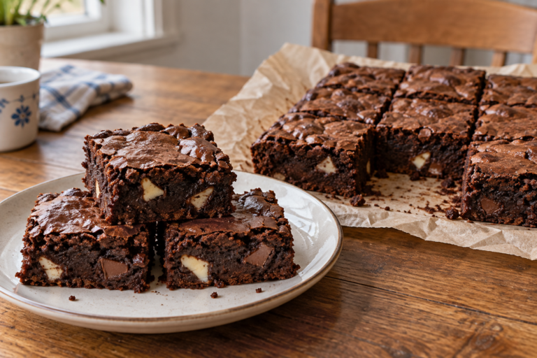 Ilustrace čokoládových brownies s lesklým povrchem a čokoládovými kousky