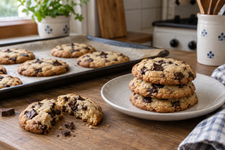 Ilustrace domácích cookies s nasekanou tmavou čokoládou na papíru a talíři