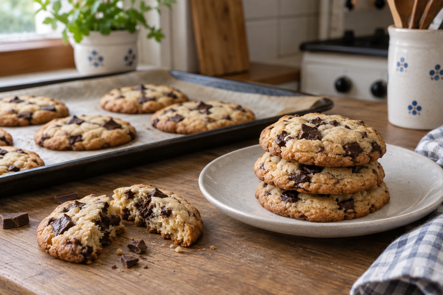 Ilustrace domácích cookies s nasekanou tmavou čokoládou na papíru a talíři