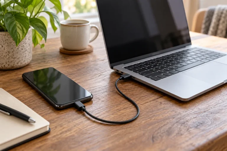 Telefon připojený kabelem USB ke stříbrnému notebooku na stole