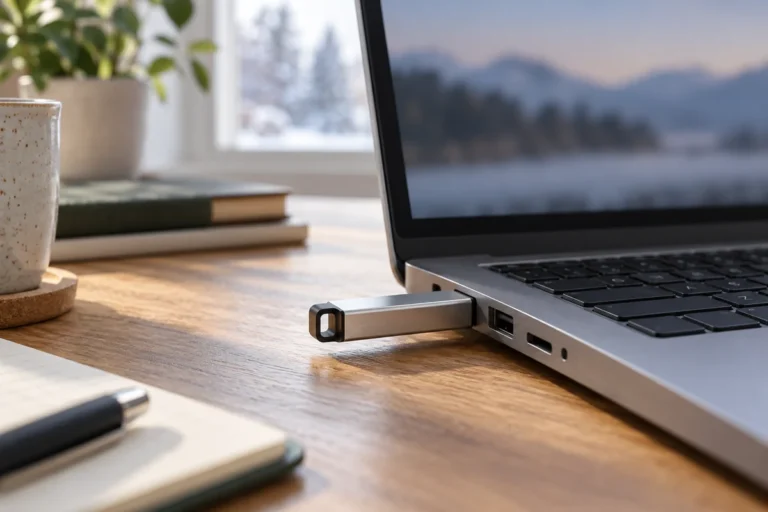 Kovový USB flash disk zasunutý do bočního portu notebooku
