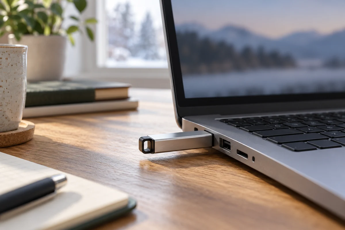 Kovový USB flash disk zasunutý do bočního portu notebooku
