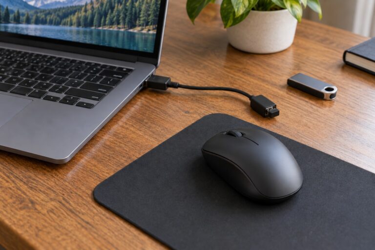 Bezdrátová myš a přijímač na krátkém prodlužovacím kabelu u notebooku