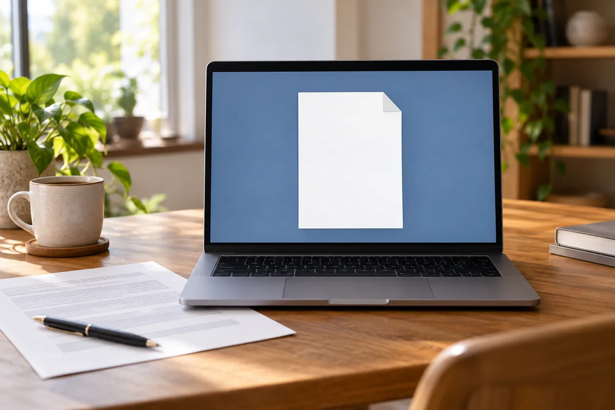 Notebook s jednoduchou bílou stránkou na obrazovce vedle vytištěného dokumentu