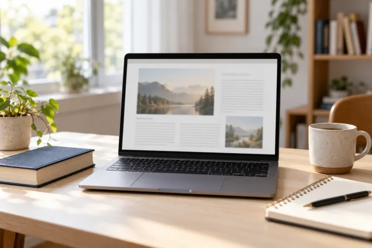 Notebook se zjednodušeně zobrazenou stránkou, kniha a zápisník na stole