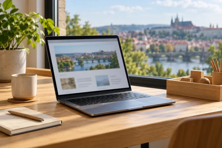 Notebook na stole vedle malého pořadače s jednoduchými dřevěnými předměty