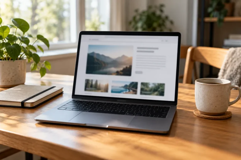 Notebook na ranním pracovním stole vedle zápisníku a hrnku