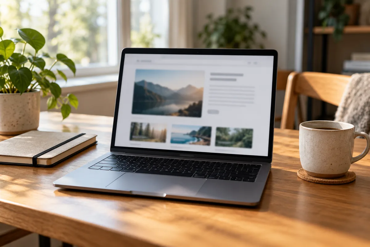 Notebook na ranním pracovním stole vedle zápisníku a hrnku