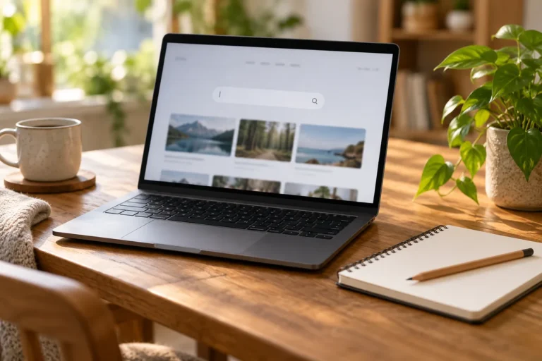 Notebook s rozostřenou vyhledávací stránkou vedle zápisníku a tužky