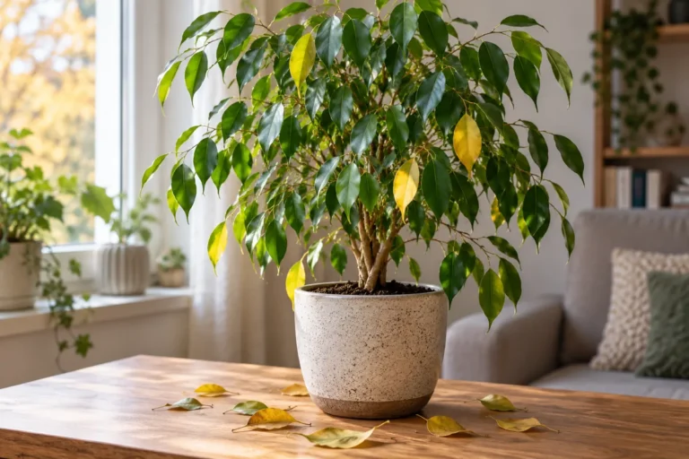 Ficus benjamina s několika žloutnoucími a opadanými listy v bytě
