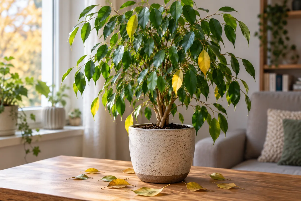 Ficus benjamina s několika žloutnoucími a opadanými listy v bytě