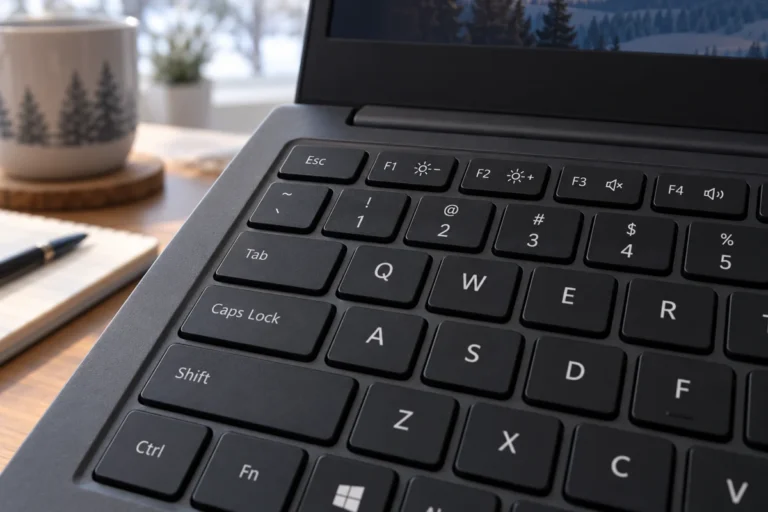 Detail horní řady a levé části klávesnice notebooku