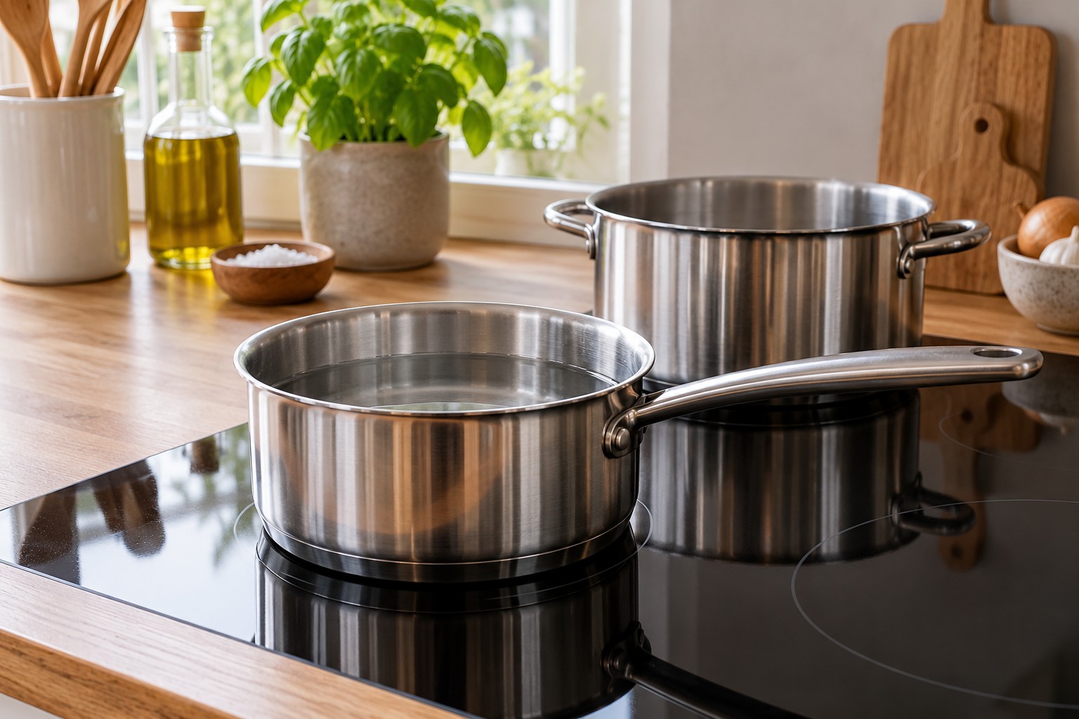 Nerezový hrnec s vodou na černé indukční desce a druhý hrnec vedle