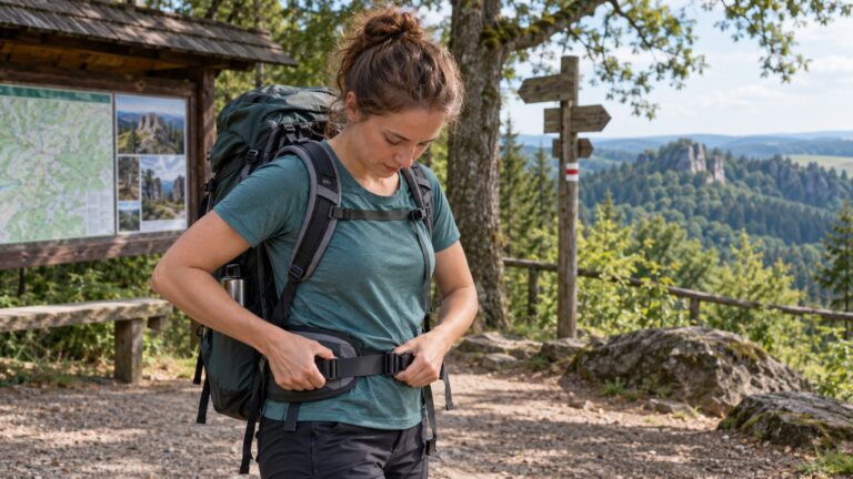 Turistka na trase upravuje bederní pás naloženého batohu