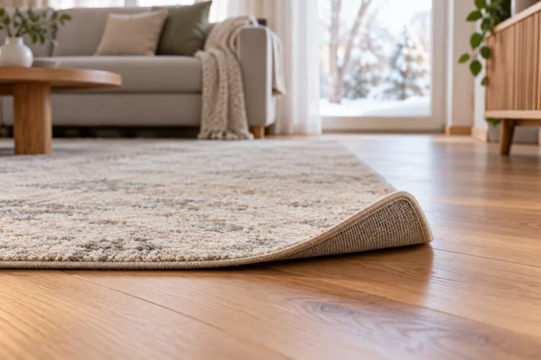 Mírně stočený roh béžového kusového koberce na dřevěné podlaze