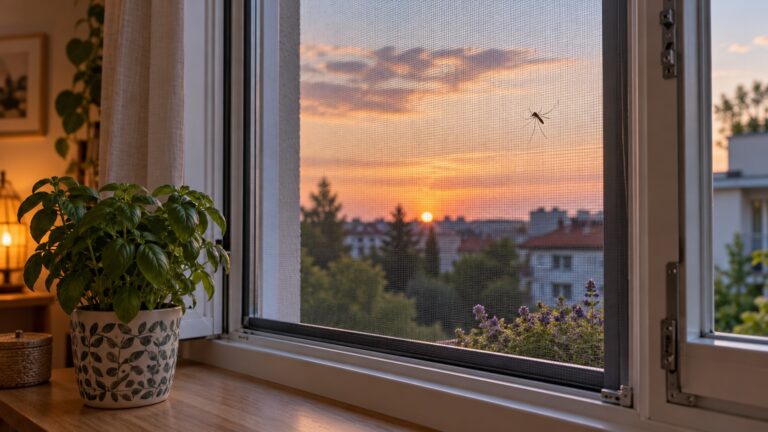 Komár na vnější straně okenní sítě při letním soumraku