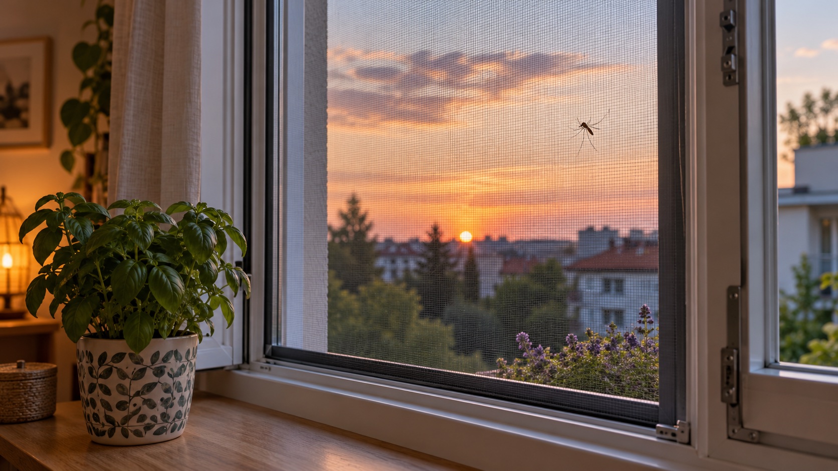 Komár na vnější straně okenní sítě při letním soumraku