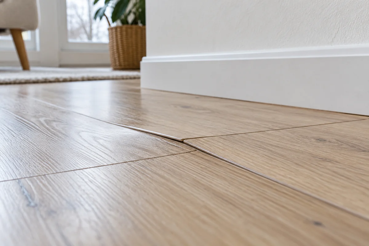 Mírně zvednutý spoj laminátových lamel v domácím interiéru
