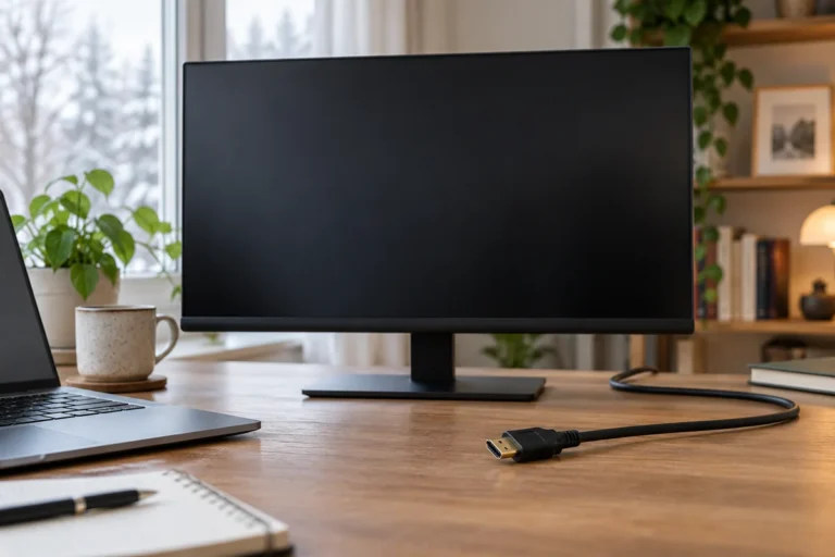 Zhasnutý externí monitor a konektor HDMI kabelu na stole