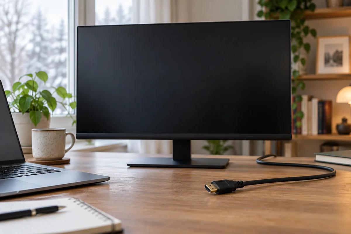 Zhasnutý externí monitor a konektor HDMI kabelu na stole