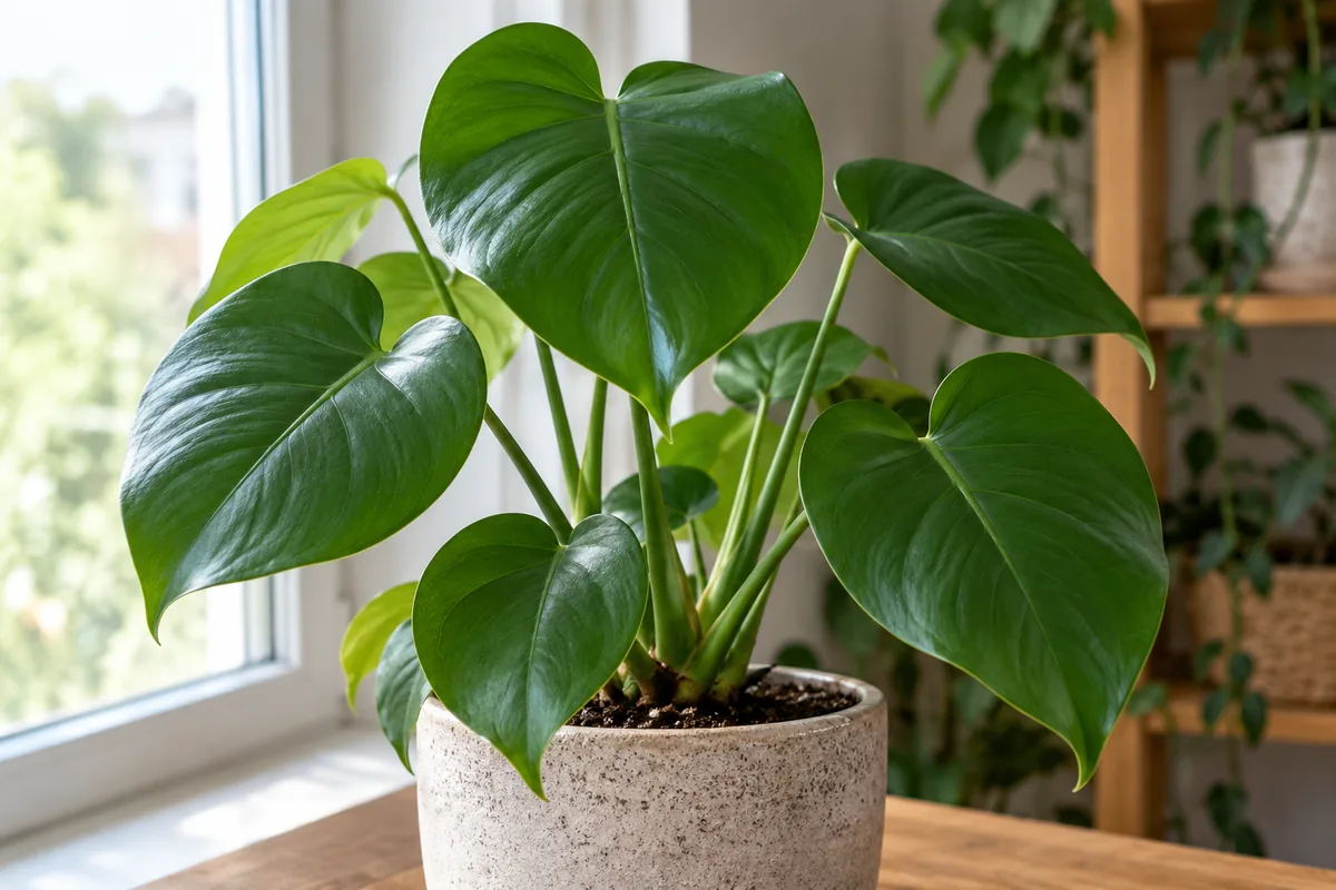 Mladá Monstera deliciosa se zdravými plnými srdčitými listy bez otvorů