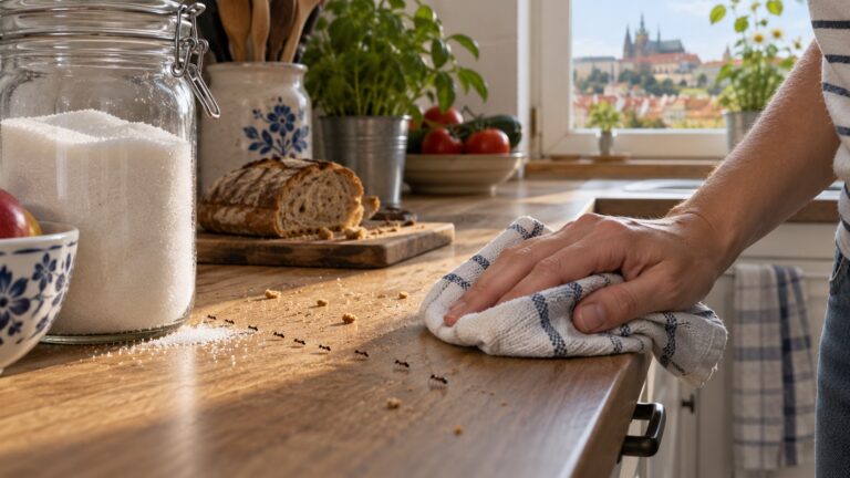 Úklid kuchyňské linky s drobky a mravenci u nádoby s cukrem
