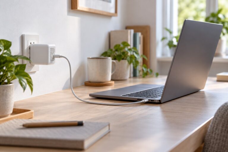 Notebook připojený k napájecímu adaptéru kabelem USB-C