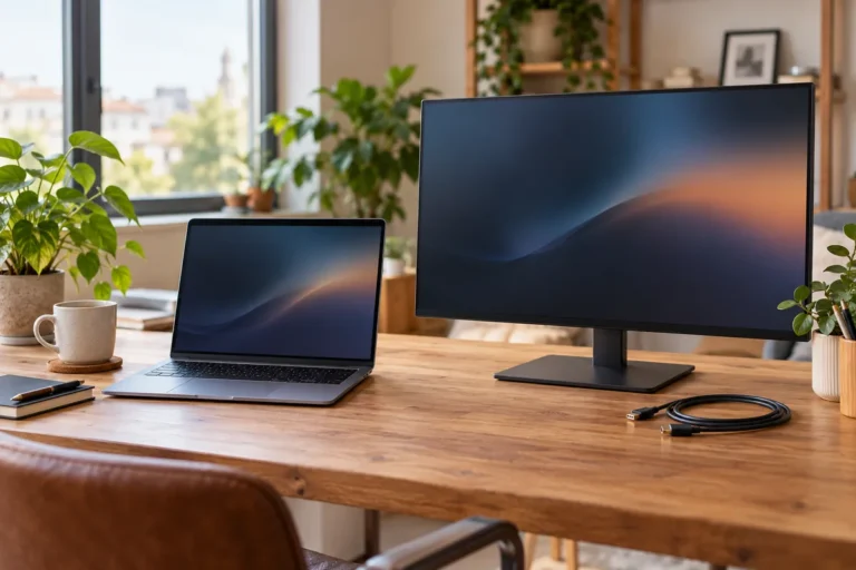 Notebook a externí monitor vedle volného obrazového kabelu na stole