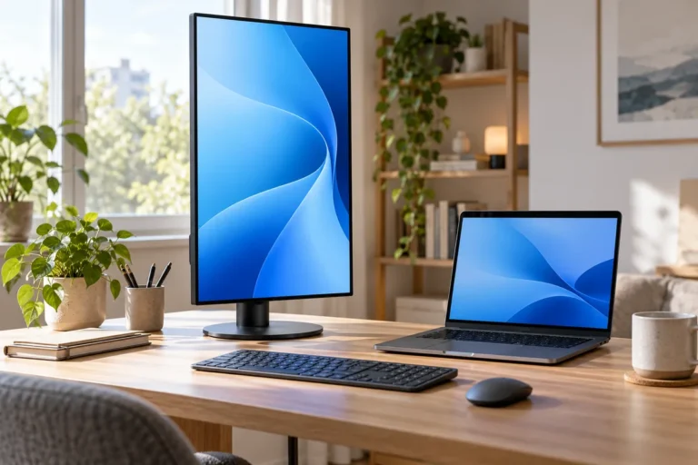 Externí monitor otočený na výšku vedle notebooku na pracovním stole