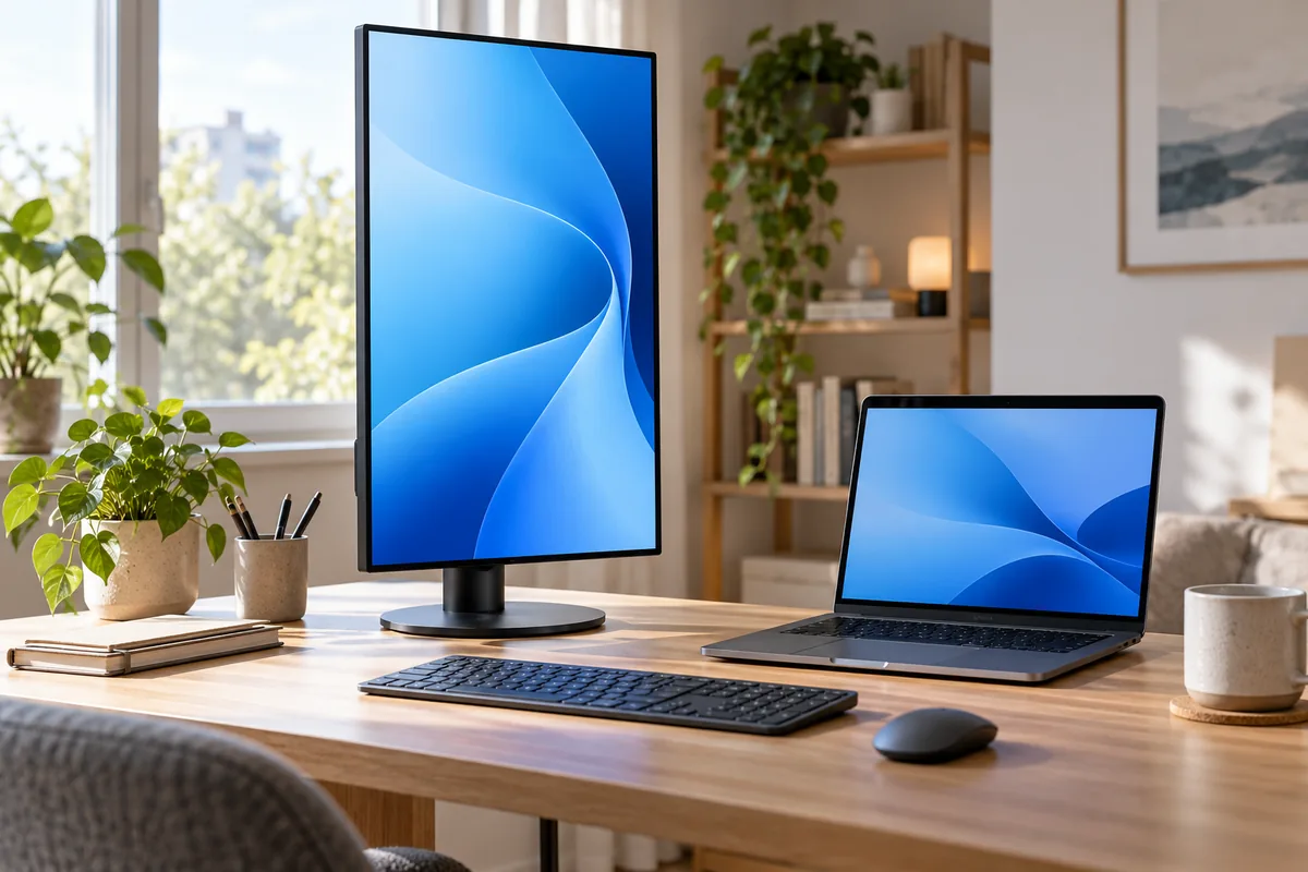 Externí monitor otočený na výšku vedle notebooku na pracovním stole