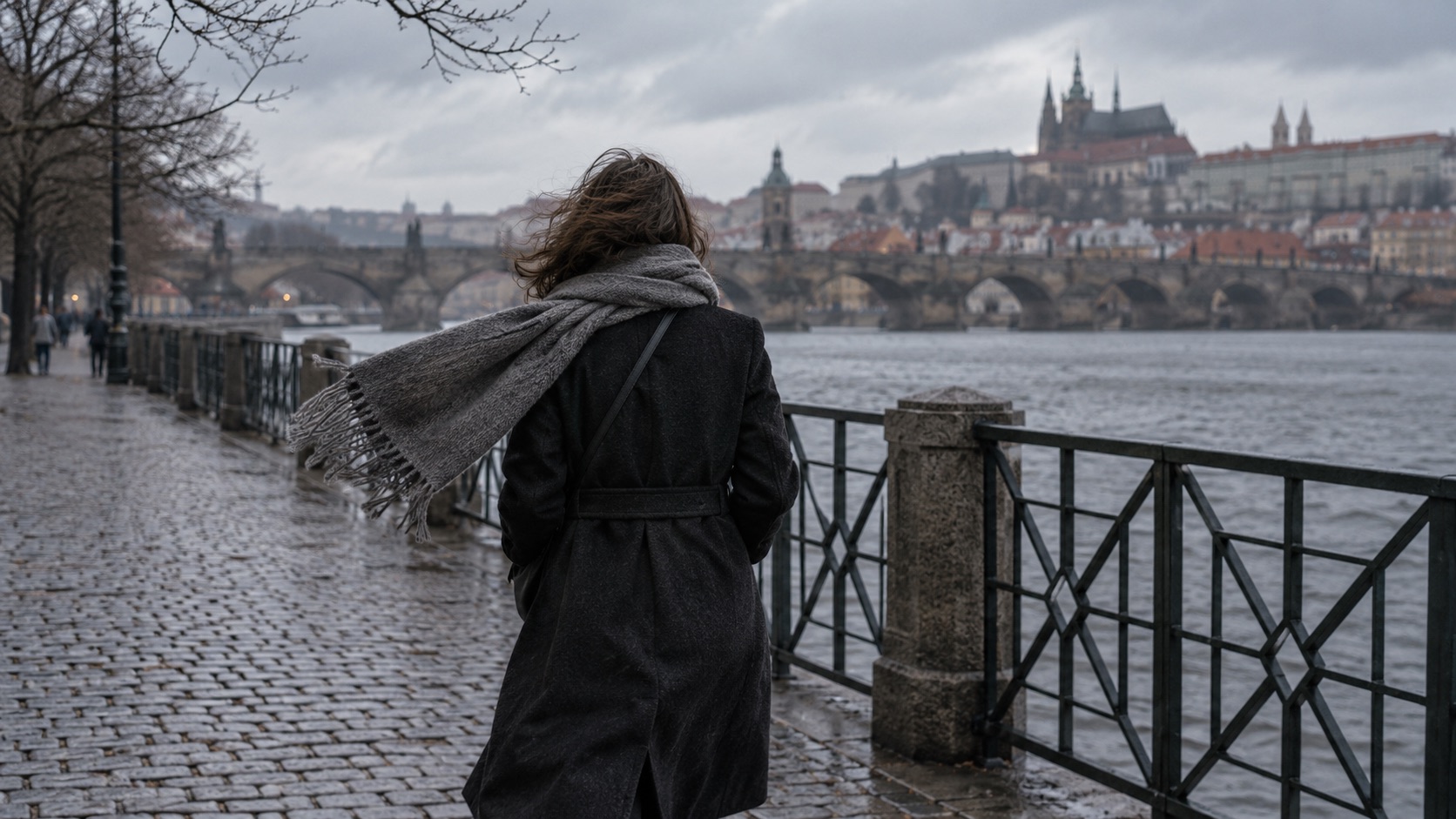 Člověk v zimním kabátu na větrném městském nábřeží