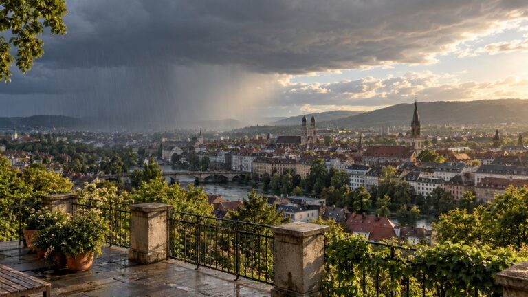 Místní dešťová přeháňka nad částí města a slunce nad sousední čtvrtí