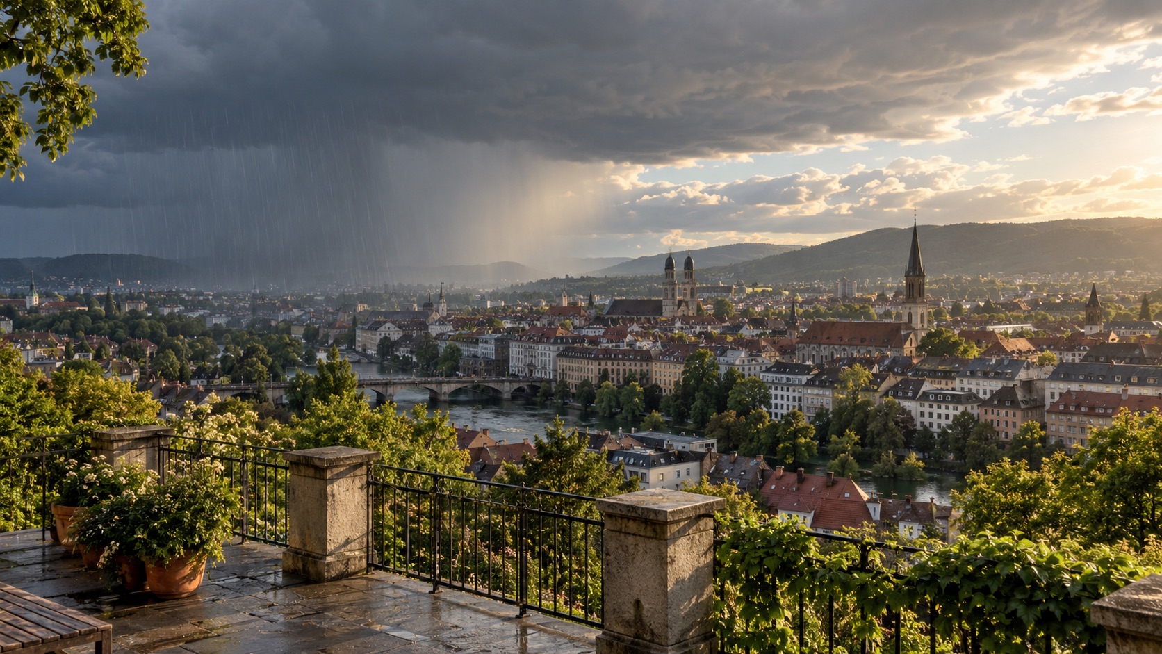 Místní dešťová přeháňka nad částí města a slunce nad sousední čtvrtí