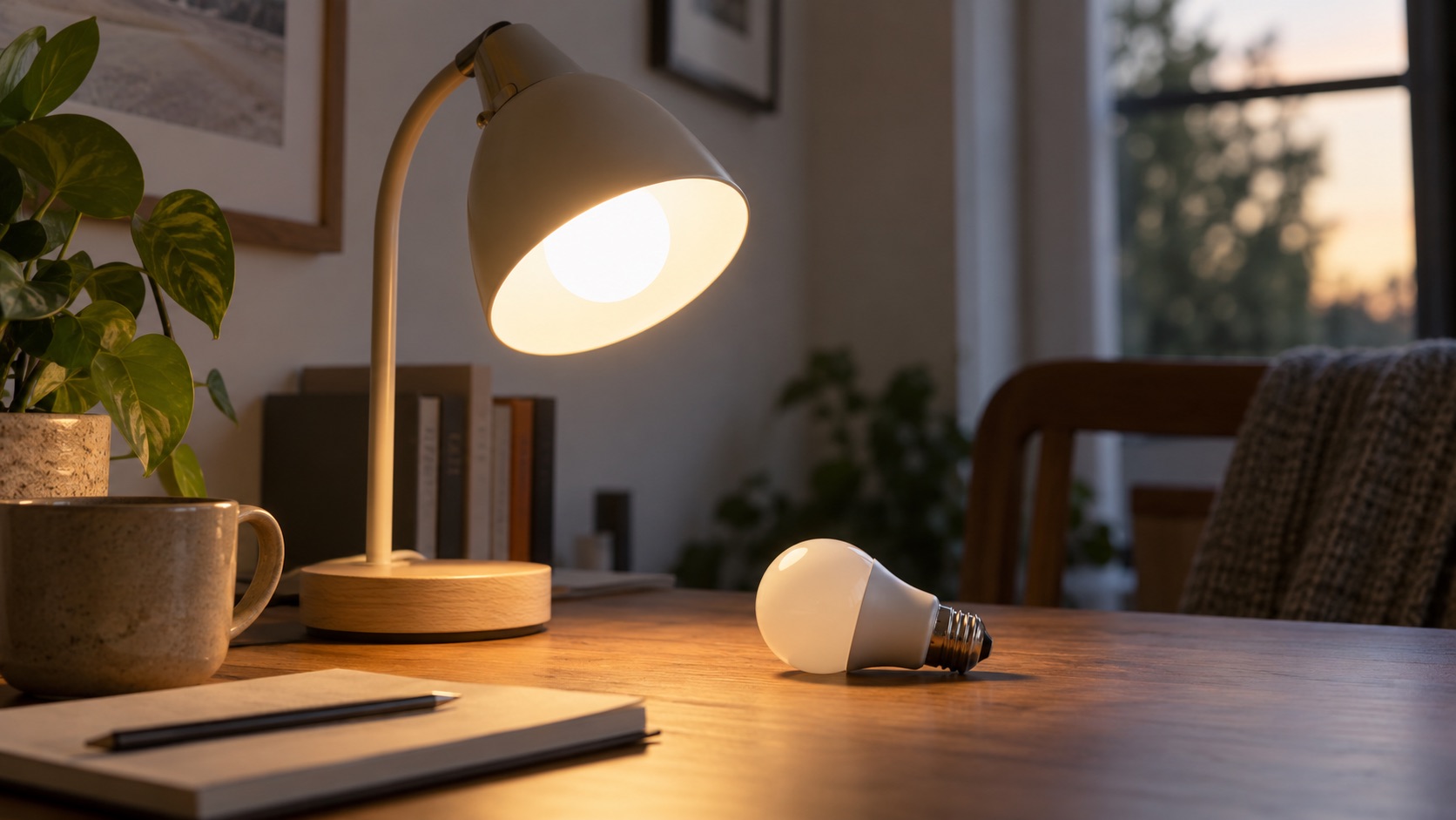 Domácí stolní lampa s rozsvícenou LED žárovkou