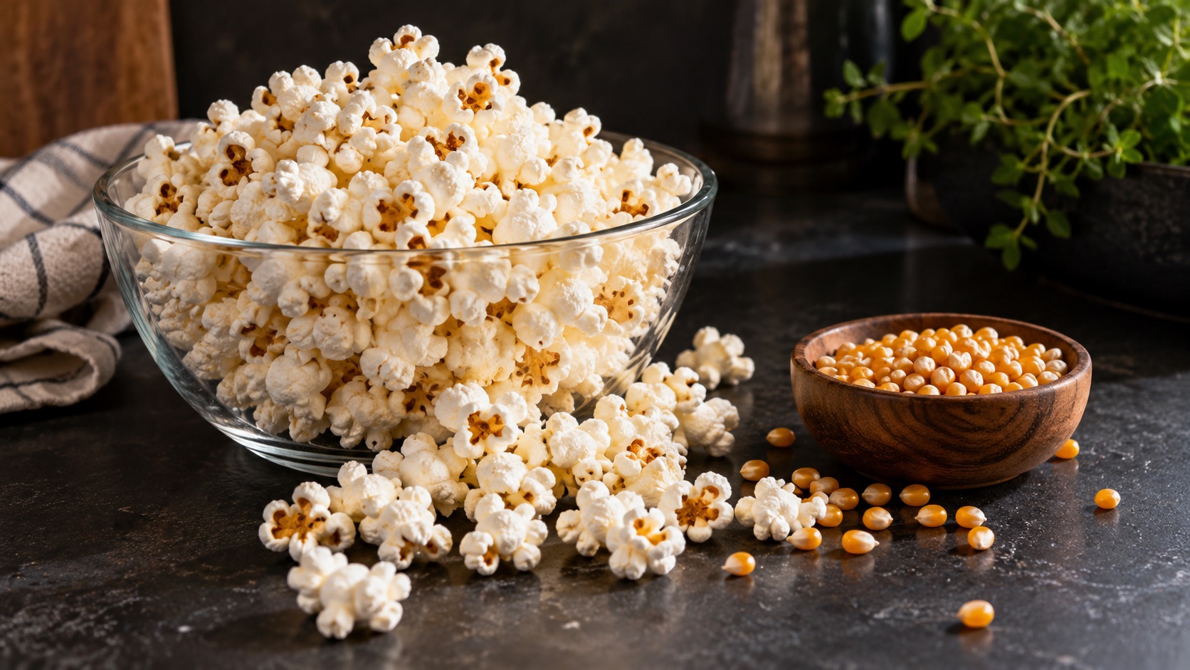 Mísa čerstvého popcornu vedle nepuklých kukuřičných zrn