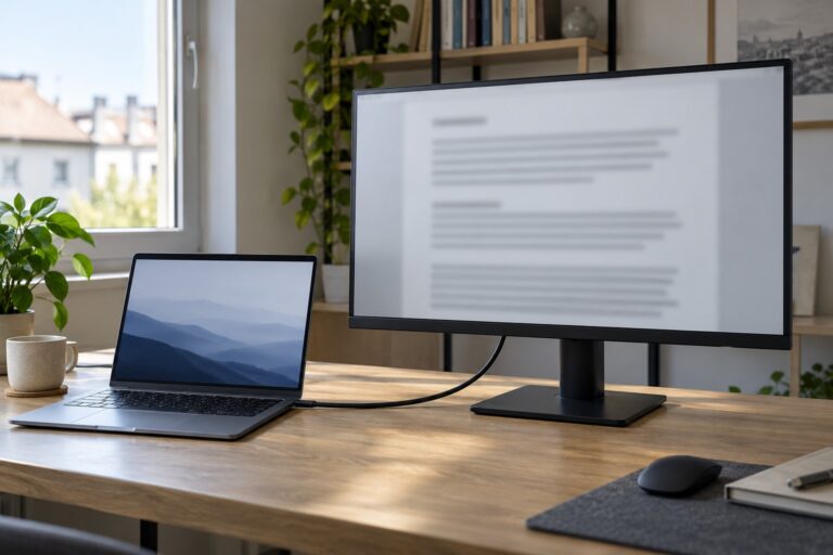 Externí monitor připojený k notebooku s neostrým ilustračním zobrazením dokumentu