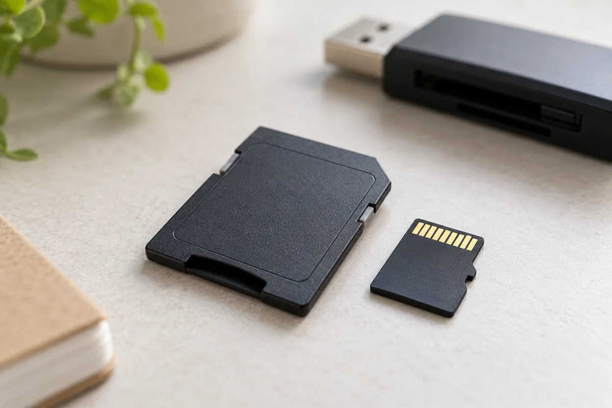 Adaptér velikosti SD s bočním přepínačem, malá microSD karta a čtečka na stole