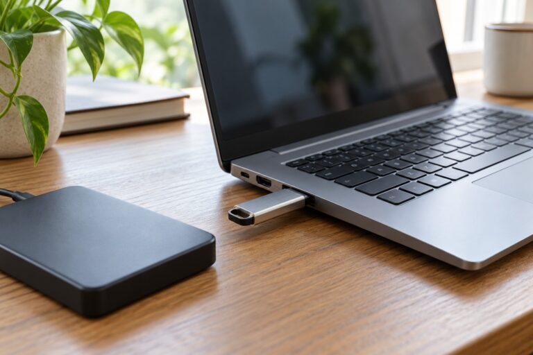 USB flash disk připojený k notebooku vedle externího úložiště