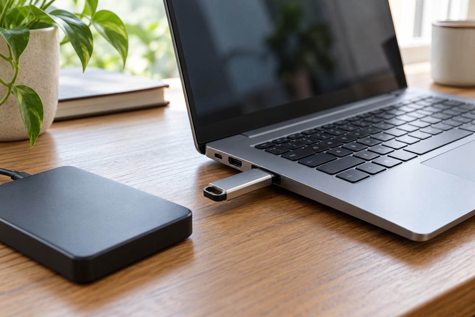 USB flash disk připojený k notebooku vedle externího úložiště