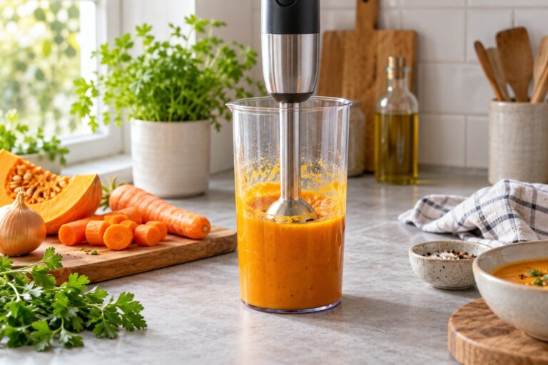 Tyčový mixér ve vysoké nádobě s oranžovým zeleninovým pyré