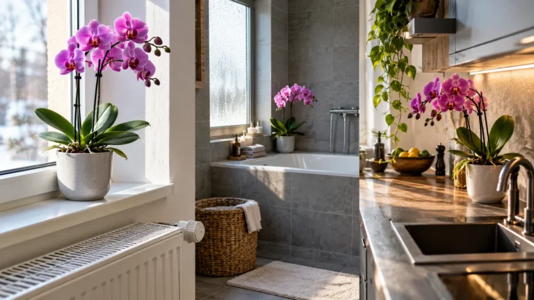 Realistická ilustrační scéna k tématu: Kam umístit orchidej: okno, radiátor, koupelna a kuchyně
