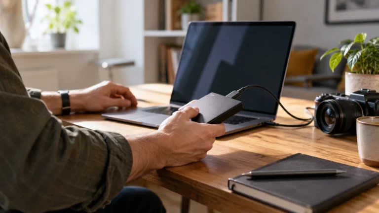 Realistická ilustrační scéna k tématu: exFAT, NTFS nebo FAT32: jak vybrat formát externího disku