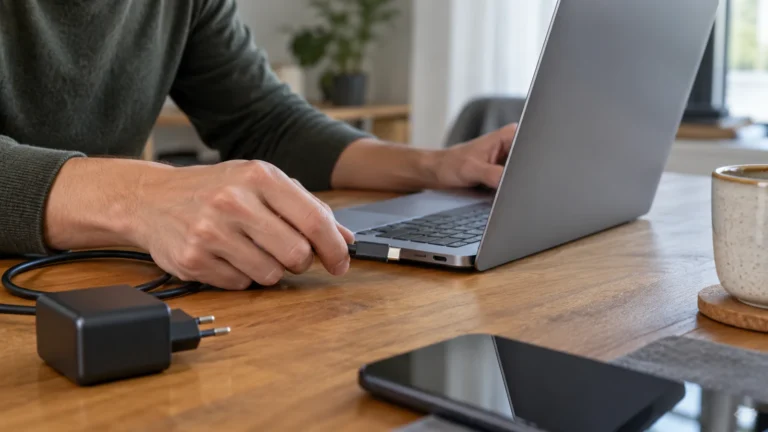 Realistická ilustrační scéna k tématu: Notebook se přes USB‑C nabíjí pomalu: co zkontrolovat